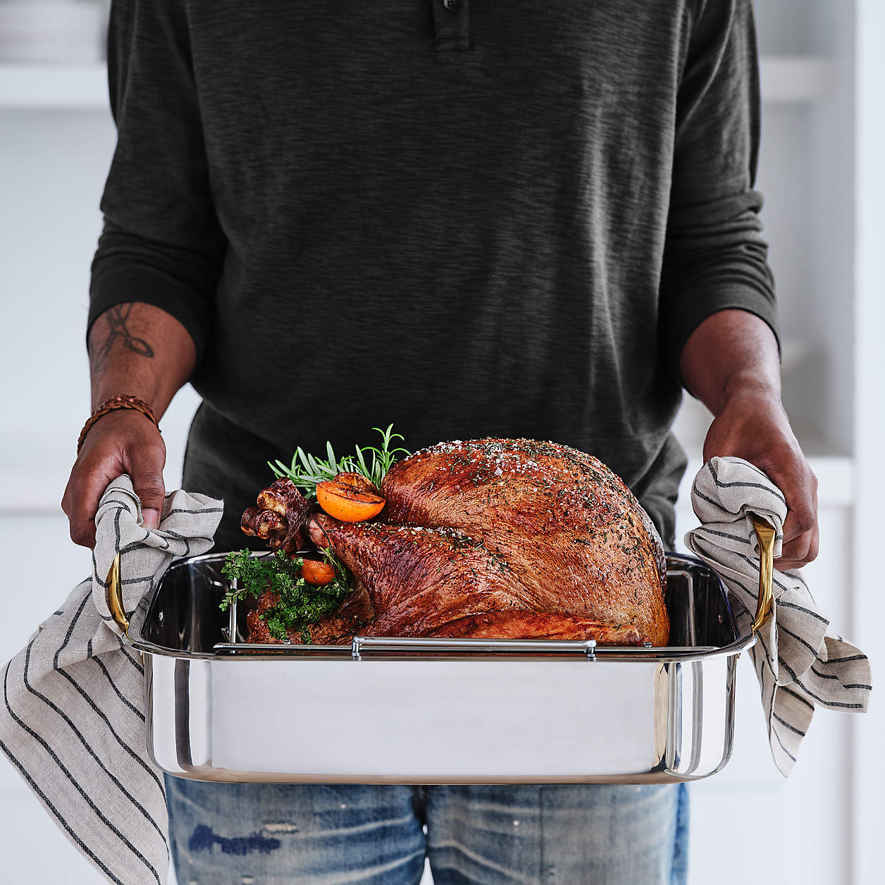 Stainless Steel Roasting Pan with Gold Handles