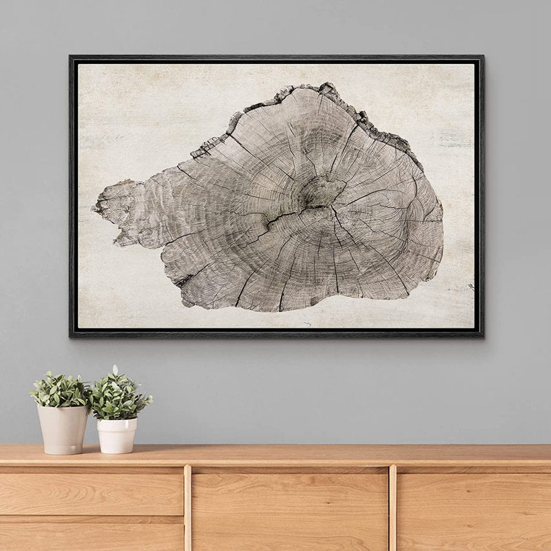Close Up Of Wood Tree Ring Log Neutral Farmhouse Country Decor Wall Art Framed On Canvas Print Black Frame 24" H x 36" W x 1.5" D